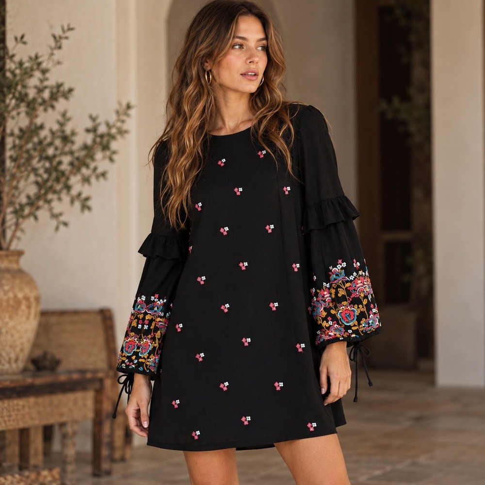 Sugarlips Mid Dress Womens Medium Black Embroidered Floral Bell Sleeve Boho